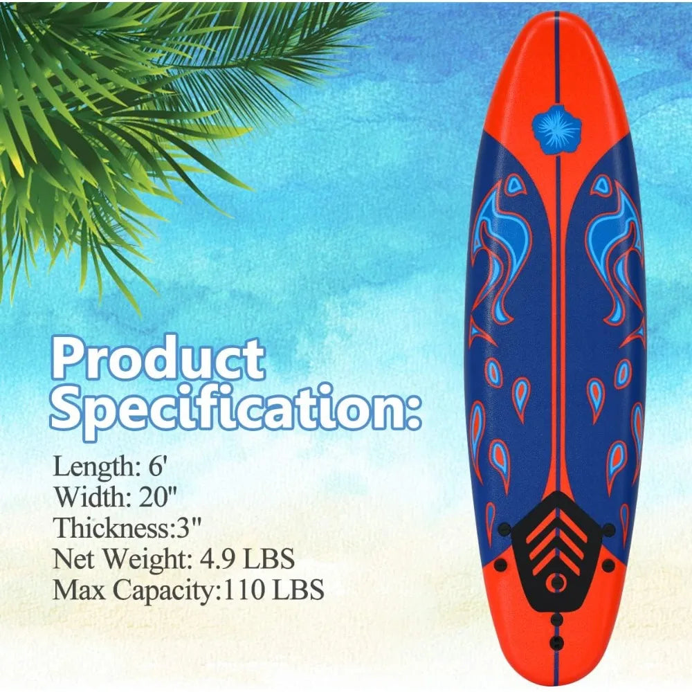 Surfboard 6 feet, Surf Beach, Foamier Board w/ Removable Fins