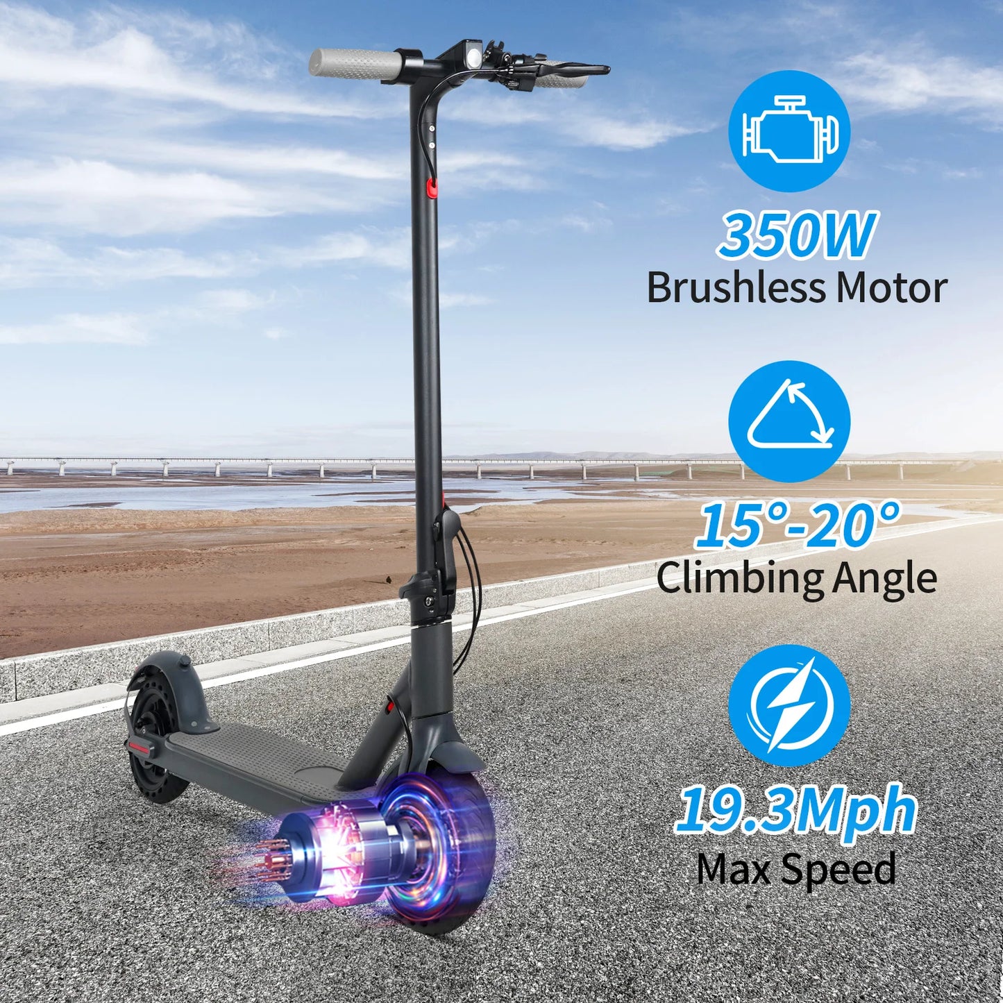 Electric Scooter, 36V 10.4Ah, Big Battery 350W, 15Miles Range, 19Mph Foldable, 8.5Inch EScooter
