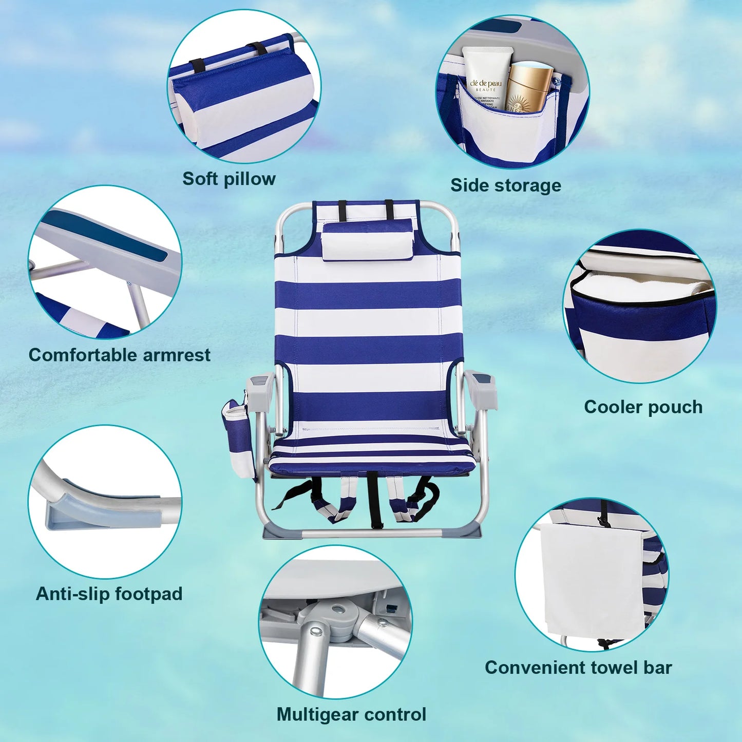 Short, Oxford Cloth, Silver White Aluminum Tube Bearing, Beach Chair, Blue Stripes
