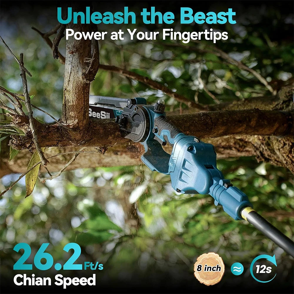 High Branch Pole Saw, Cordless 8'' Electric Chainsaw w/ 3 M Extension Pole, Tree Trimming, Limb Cutter, Pruner
