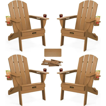 Folding Adirondack Chair Set of 4, Wood Textured Plastic w/ Cup Holders