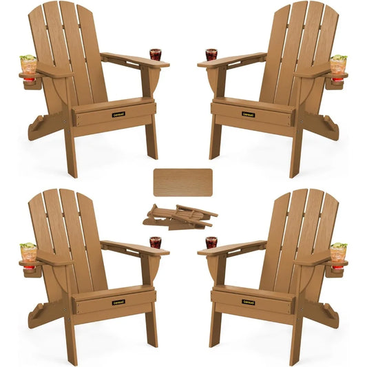 Folding Adirondack Chair Set of 4, Wood Textured Plastic w/ Cup Holders