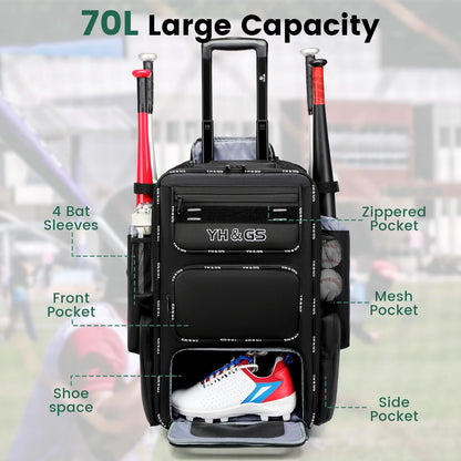Sports Trolley Baseball or Softball Bag, Large Capacity Multi Compartment, Waterproof