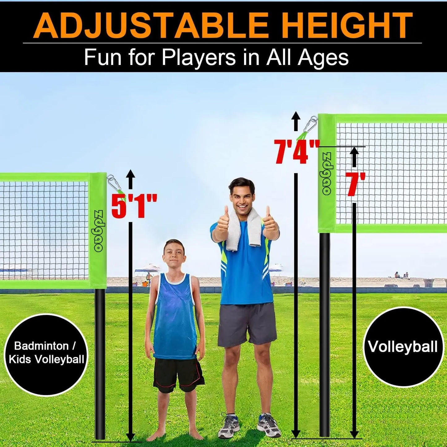 Volleyball & Badminton Combo, Adjustable 4-Way Net with Carry Bag