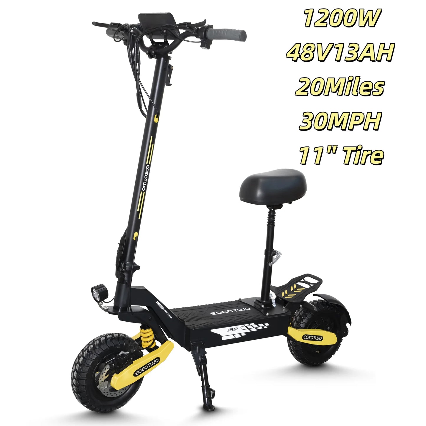 Off Road 1200W Electric Scooter for Adults, 48V Long Range E-Scooter, 30MPH Fast Speed, 11" Tubeless Tire, Foldable, Kick Stand