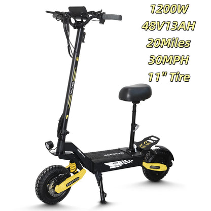 Off Road 1200W Electric Scooter for Adults, 48V Long Range E-Scooter, 30MPH Fast Speed, 11" Tubeless Tire, Foldable, Kick Stand