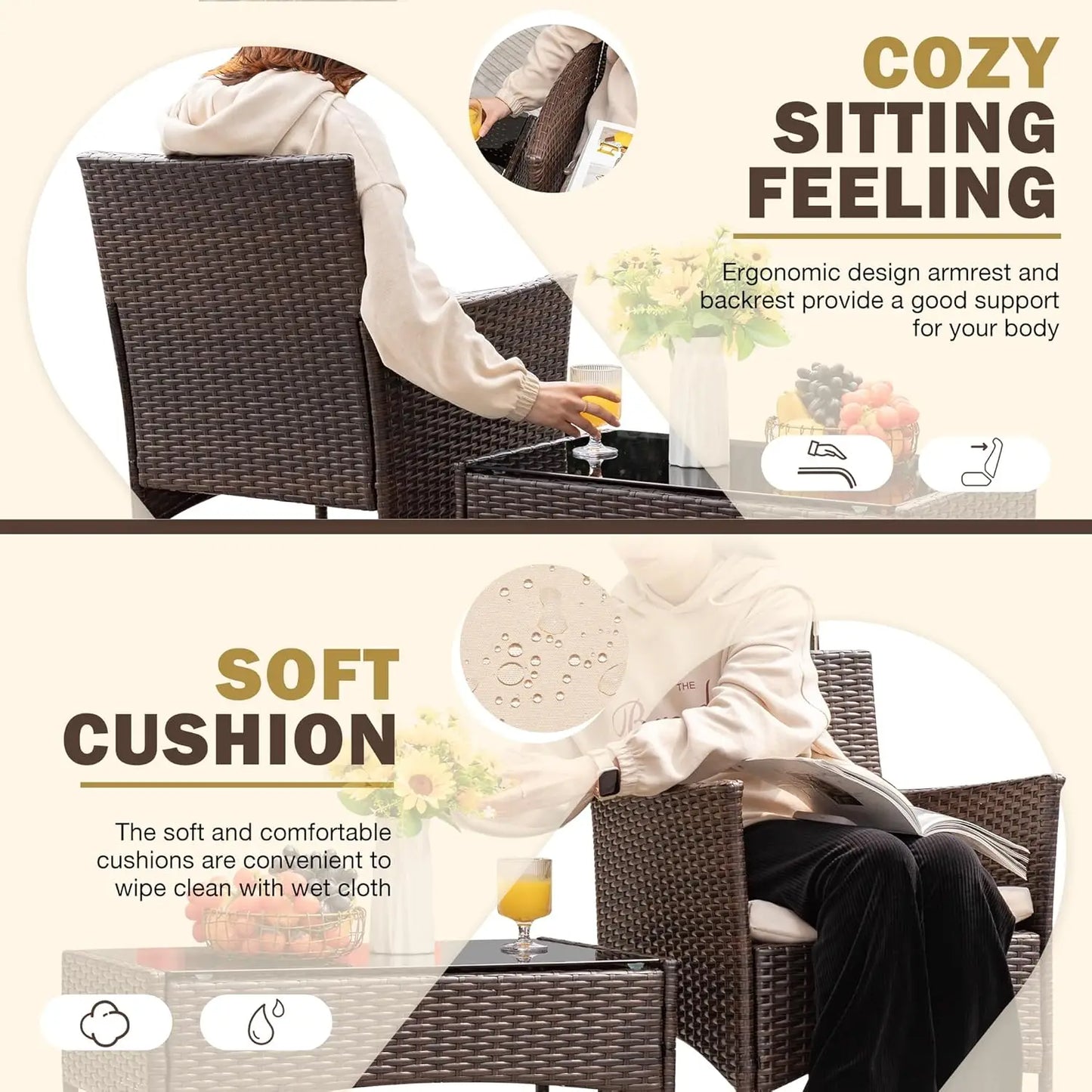 Outdoor Patio Furniture Set, Rattan Wicker Chairs Outdoor or Indoor Use