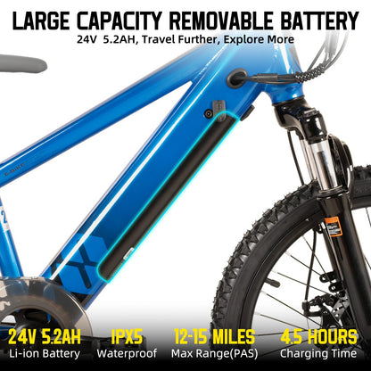 Electric Bike for Kids or Teens Ages 7+ w/ 250W Motor, 15MPH, Electric Mountain Bike