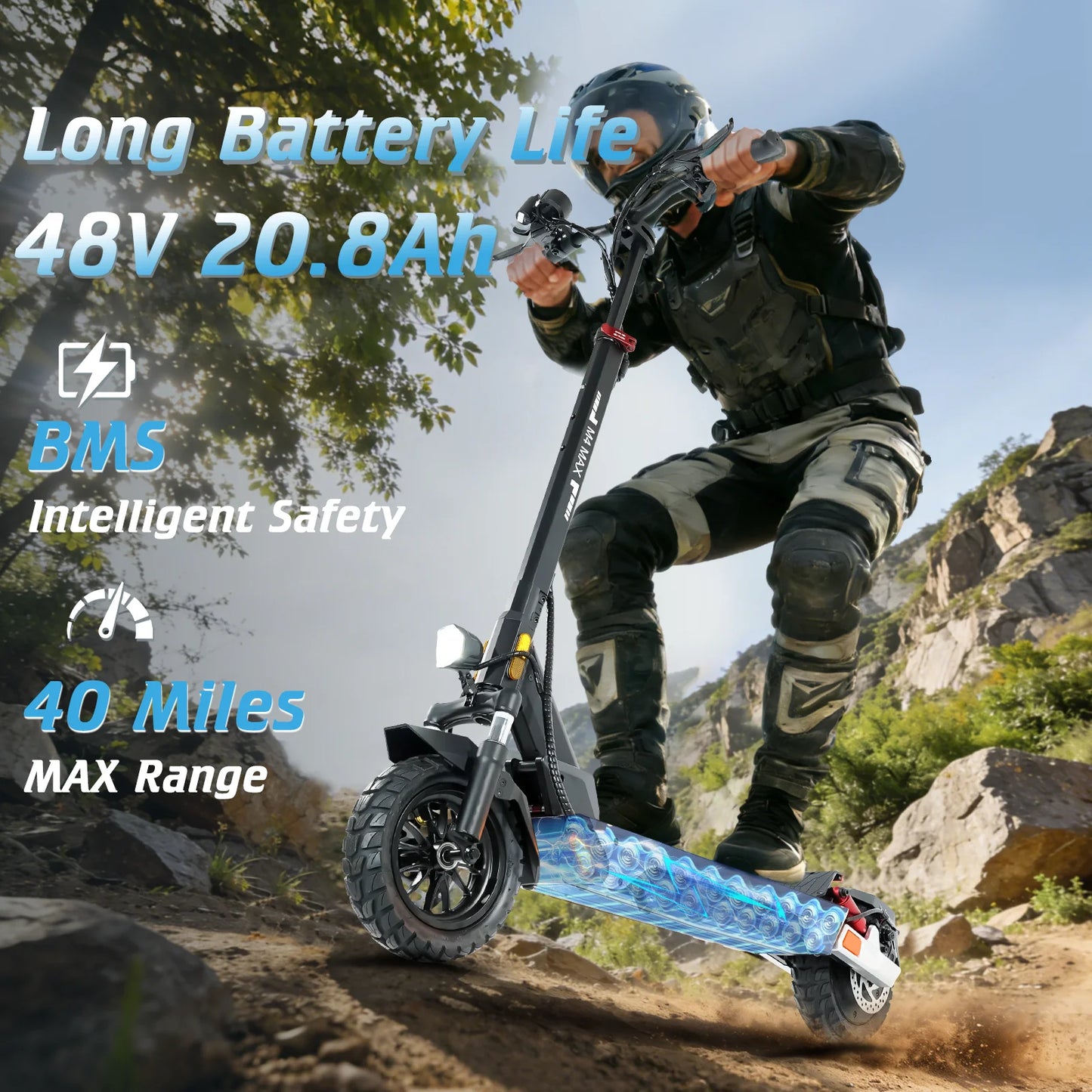 Electric Scooter, 2000W Motor, 48V 20.8Ah Battery, 40 Miles Range, Dual Disc Brakes, 10" Tires, Foldable