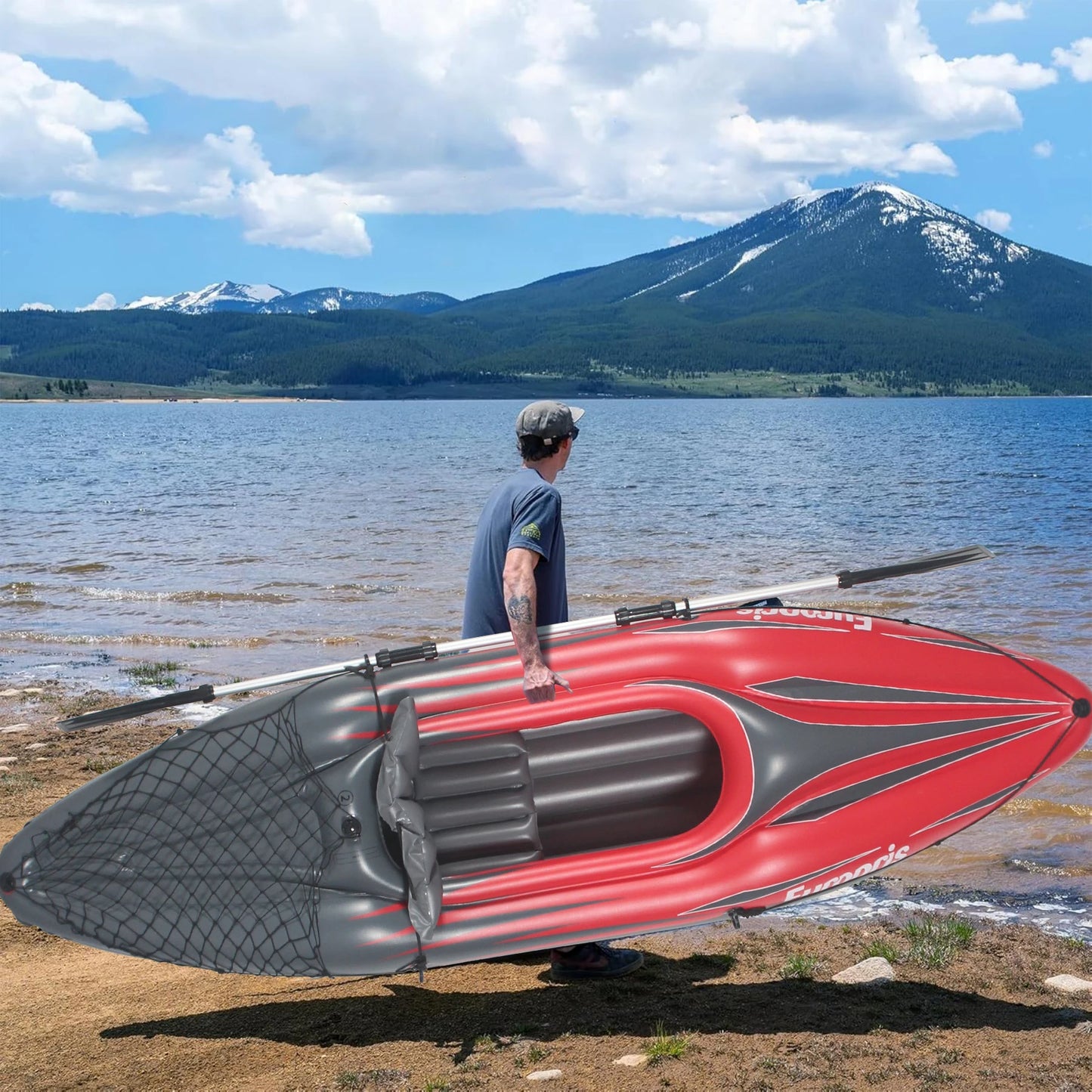 Inflatable Kayak Fishing Boat, 1 Adult Person, Red Canoe, w/ Paddles, Bag, Seats, High-Output Pump,