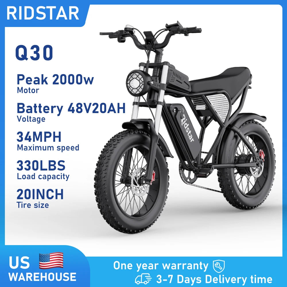 Electric Bike for Adults, 2000W, 48V 20Ah, Detachable Battery, 33MPH & 88 Miles, Electric Motorcycle, 20’’ Fat Tires