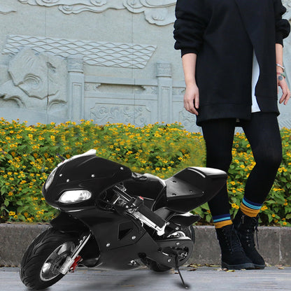 2-Stroke 49cc Pocket Gas Motorbike, High Brightness Dual Headlights, Rubber Handlebar, Mini Motorcycle