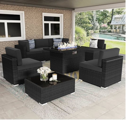 Patio Furniture 8 Pcs Set w/ Propane Gas Fire Pit Table, Sectional Wicker Sofa w/ Table