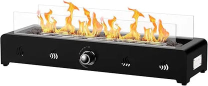 Tabletop Fire Pit 28" Propane Gas, Bottom Mounted for Table with Umbrella Hole, Glass Wind Guard
