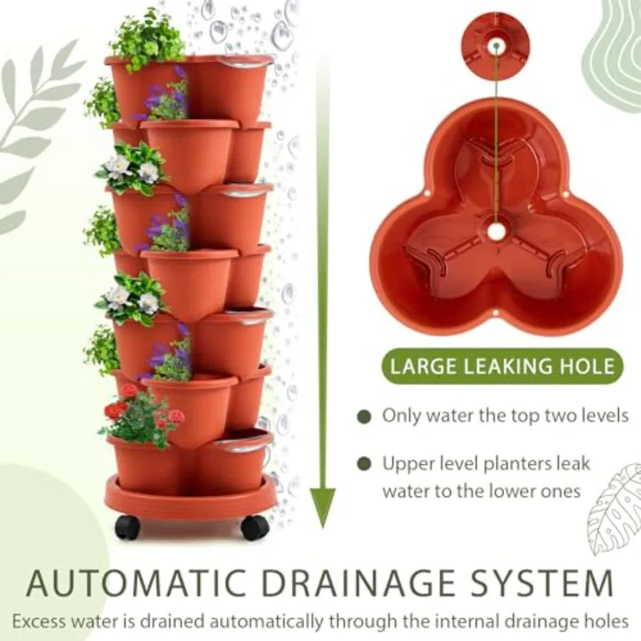 7 Tier Stackable Vertical Planters, Set of 2 w/ Removable Wheels and Clay Pots