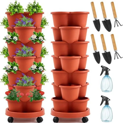 7 Tier Stackable Vertical Planters, Set of 2 w/ Removable Wheels and Clay Pots