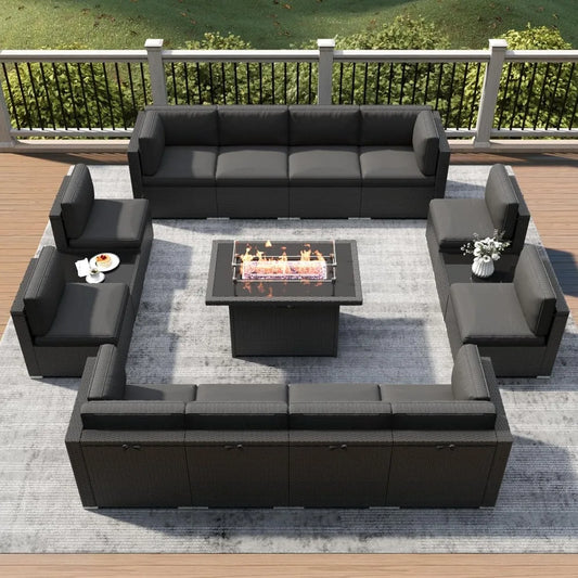 Patio Furniture 15 pcs Set w/ Fire Pit Table, Wicker Rattan Sectional Sofa, Coffee Table