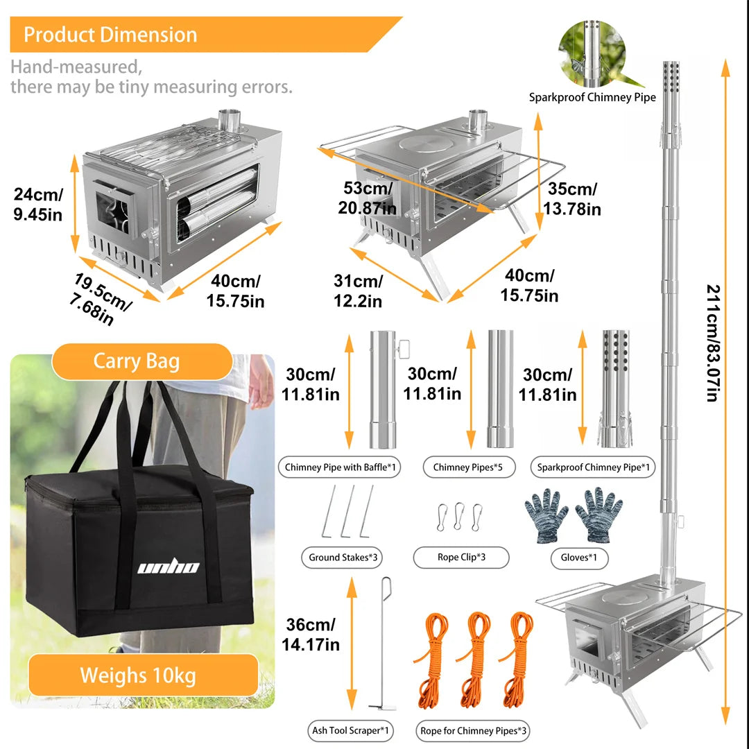 Hot Tent Stove, Portable Wood Burning, w/ 6 Stainless Chimney Pipes for Outdoor Heating & Cooking