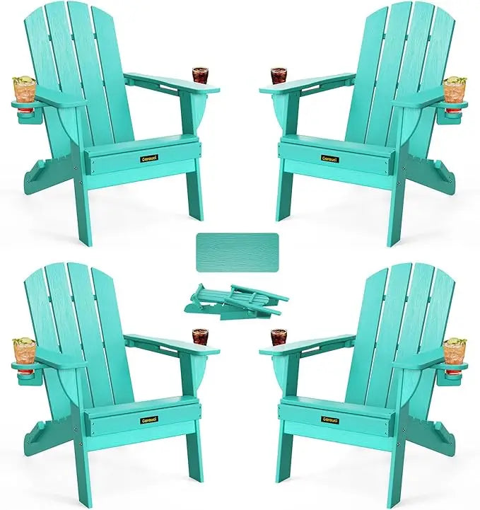 Folding Adirondack Chair Set of 4, Wood Textured Plastic w/ Cup Holders