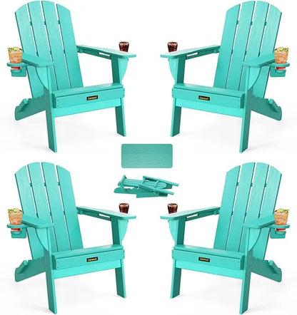 Folding Adirondack Chair Set of 4, Wood Textured Plastic w/ Cup Holders