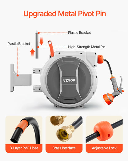 Retractable Garden Hose Reel, Wall Mount Heavy Duty Garden Hose, 9 Spray Patterns
