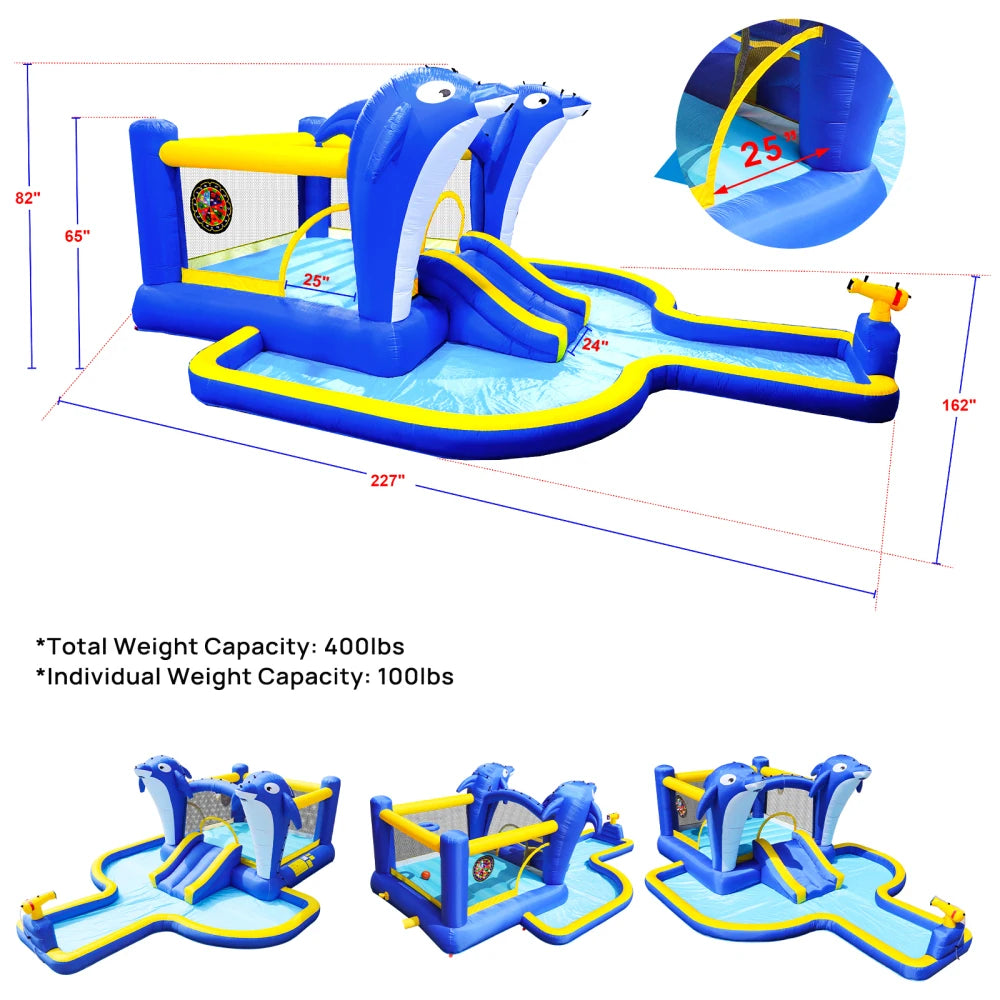 Inflatable Water Slide, Trampoline, Bounce House with  Dolphin Sprinkler