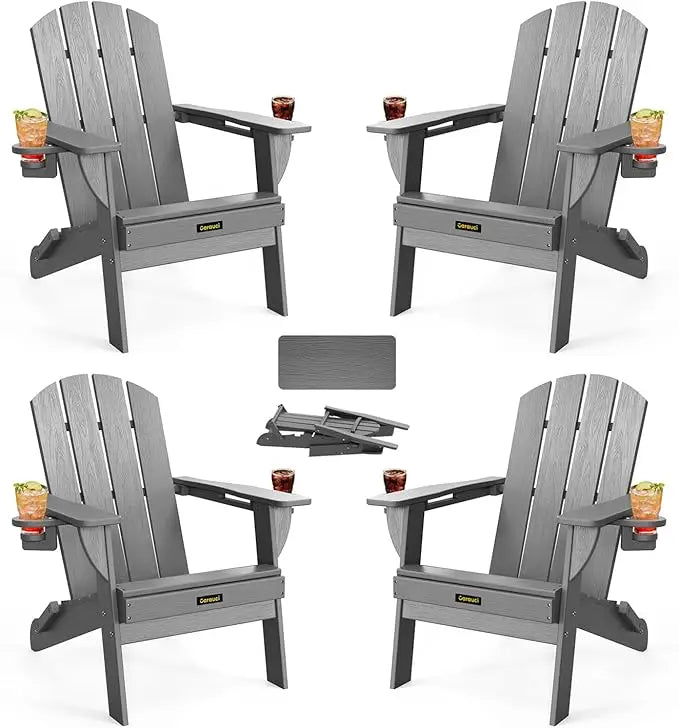 Folding Adirondack Chair Set of 4, Wood Textured Plastic w/ Cup Holders