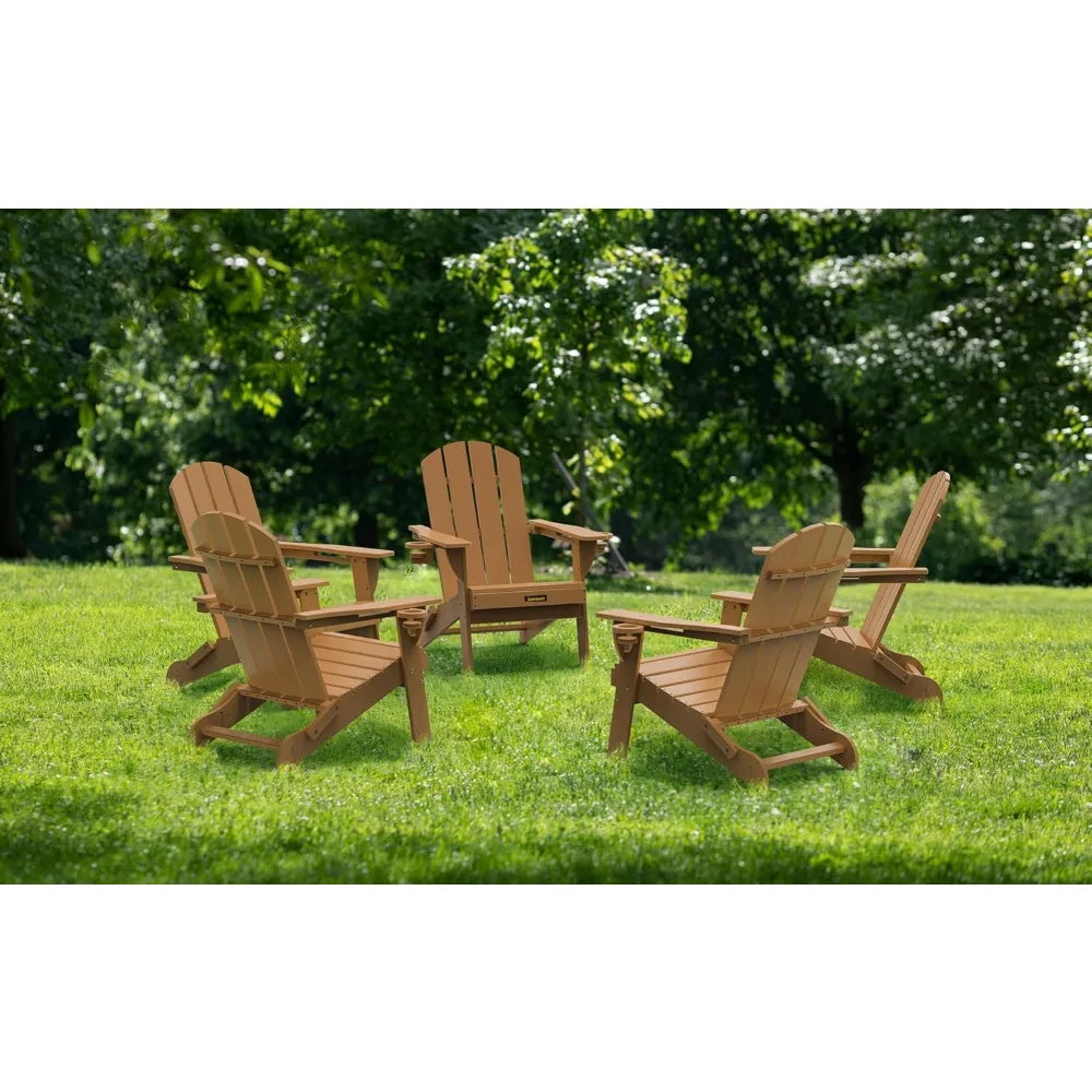 Folding Adirondack Chair Set of 4, Wood Textured Plastic w/ Cup Holders