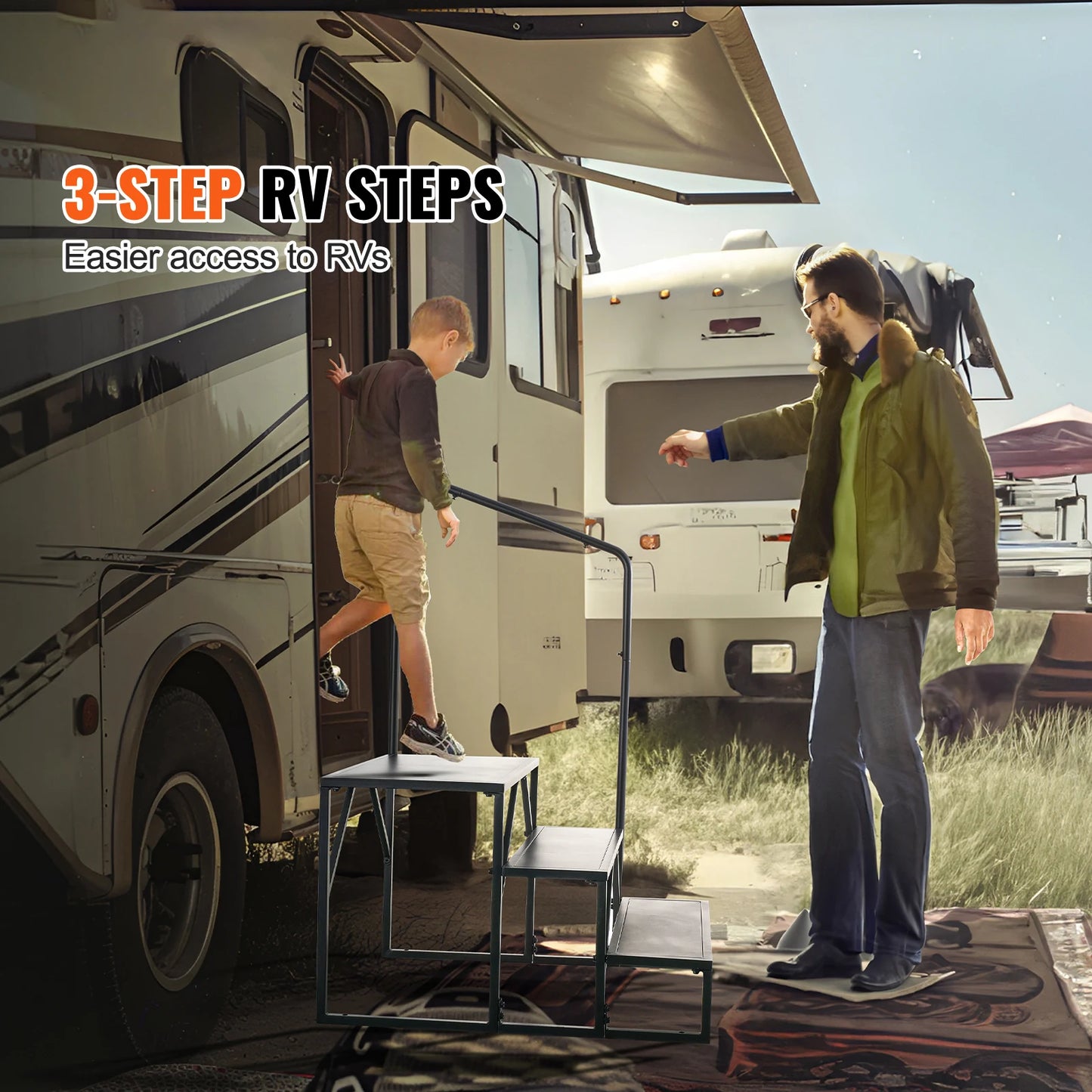 RV Steps, 2,3 or 4-Step Non-Slip Stairs, 440 LBS Load Capacity, Carbon Steel, w/ Handrail
