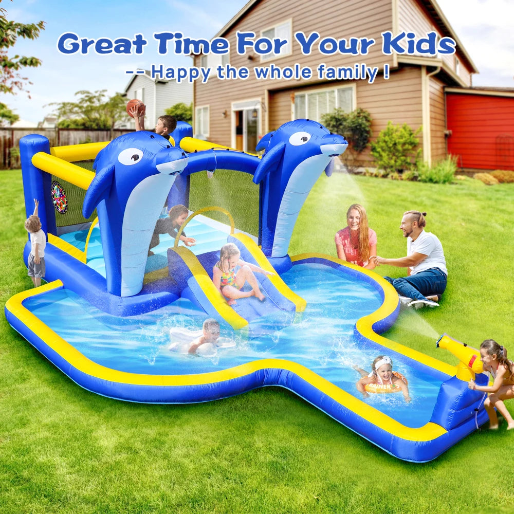 Inflatable Water Slide, Trampoline, Bounce House with  Dolphin Sprinkler