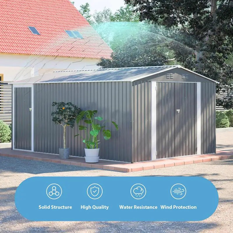 Outdoor Metal Storage Shed, Large 10x14 FT. Garden Tool Shed, 3 Lockable Doors, Waterproof