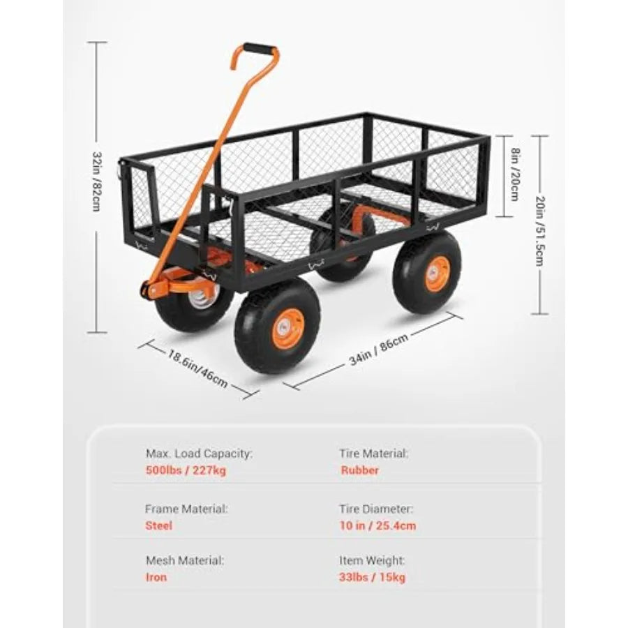 Garden Cart, Green Heavy Duty Steel w/ 500lbs Capacity, Mesh Design, Removable Sides, 10in Tires