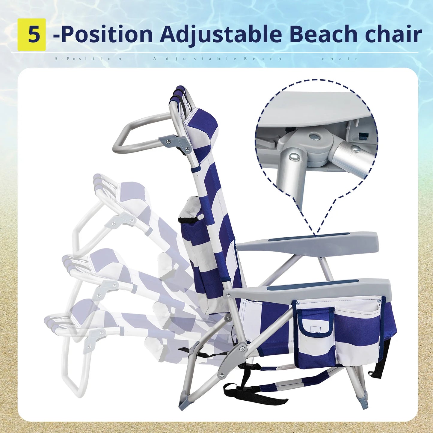 Short, Oxford Cloth, Silver White Aluminum Tube Bearing, Beach Chair, Blue Stripes