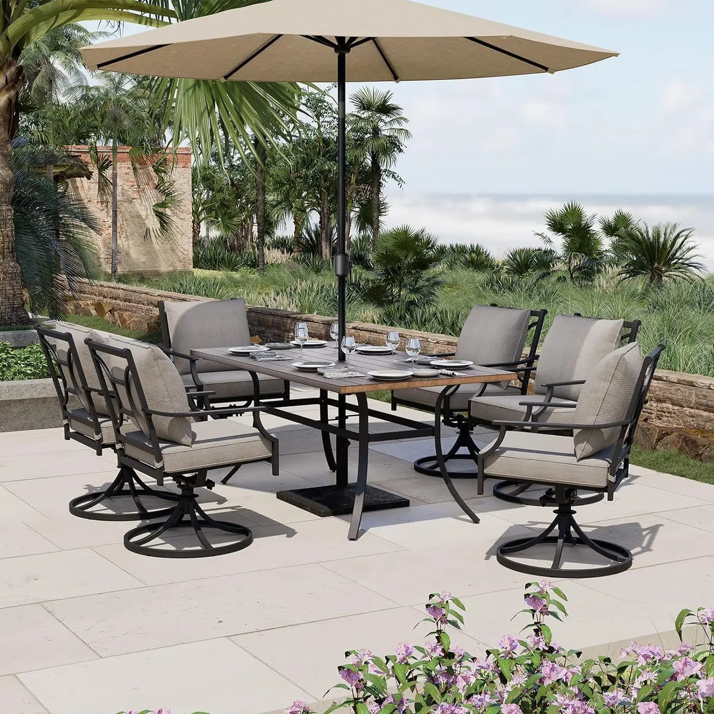 Patio Dining Set, 6 Swivel Chairs w/ Cushions, & Black Rectangular Faux Woodgrain Table