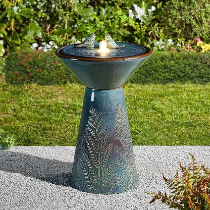 Bird Bath, Water Fountain with LED Light and Pump, Turquoise Ceramic Pedestal
