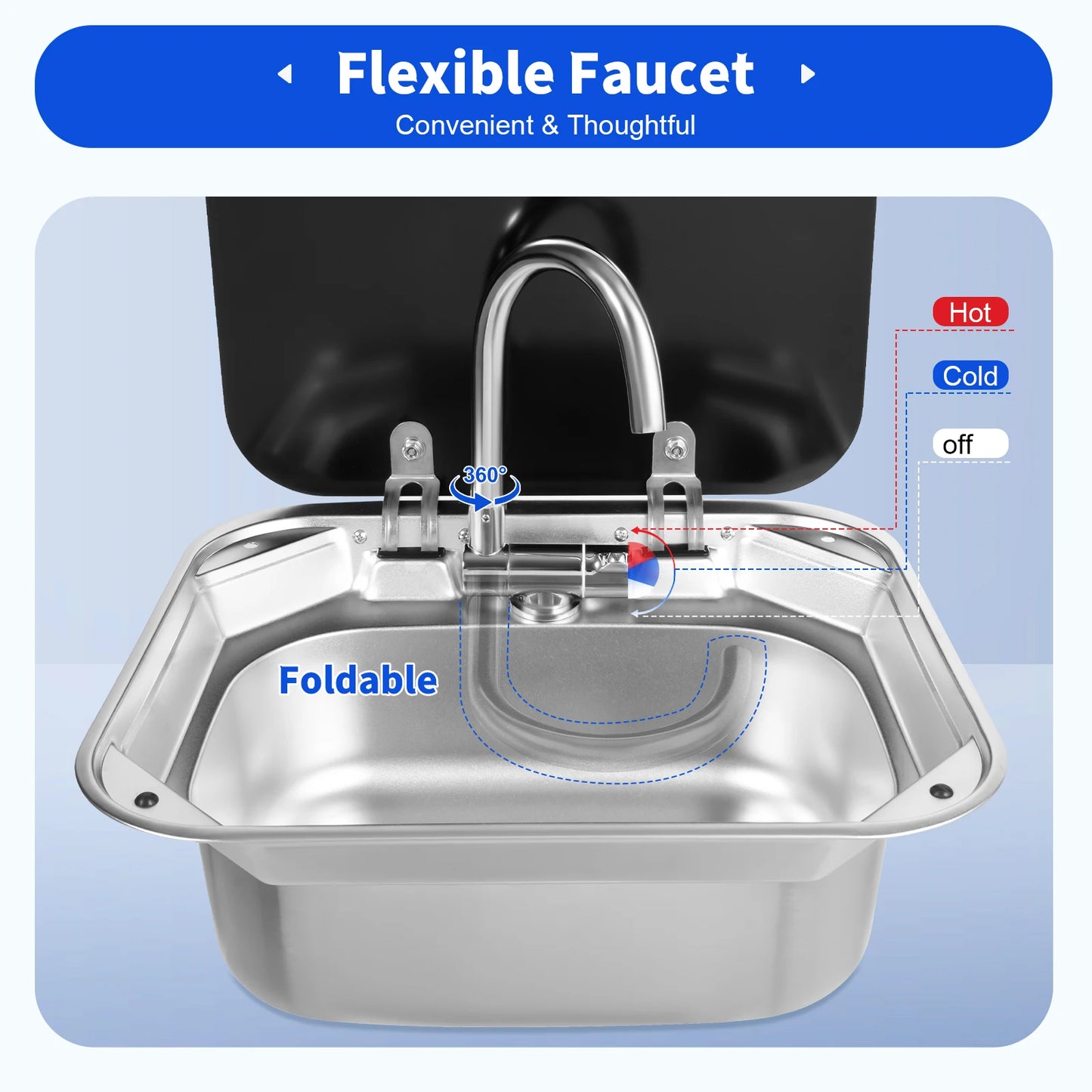 RV Sink w/ Lid, 41x36.5cm/16.14x14.37inch, Stainless Steel Sink w/ Hot Cold Water Faucet, Foldable