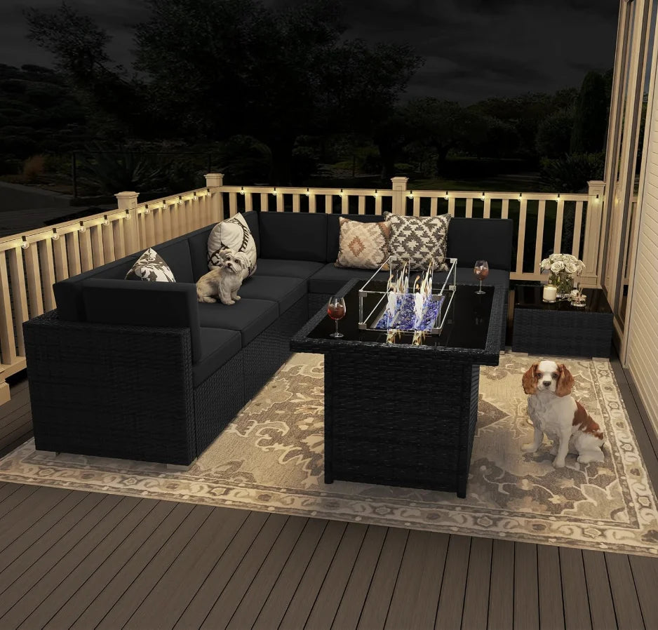 Patio Furniture 8 Pcs Set w/ Propane Gas Fire Pit Table, Sectional Wicker Sofa w/ Table