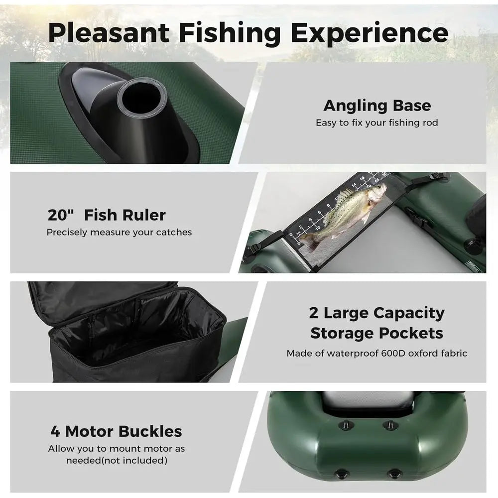 Inflatable Float Tube, Fishing Belly Boat, with 2 Detachable Storage Bags, Pump, Carry Bag