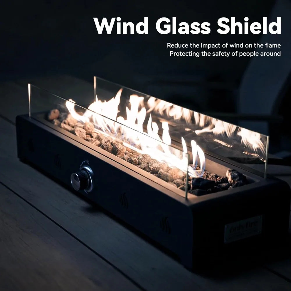 Tabletop Fire Pit 28" Propane Gas, Bottom Mounted for Table with Umbrella Hole, Glass Wind Guard