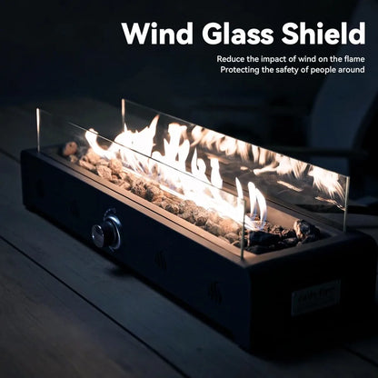 Tabletop Fire Pit 28" Propane Gas, Bottom Mounted for Table with Umbrella Hole, Glass Wind Guard
