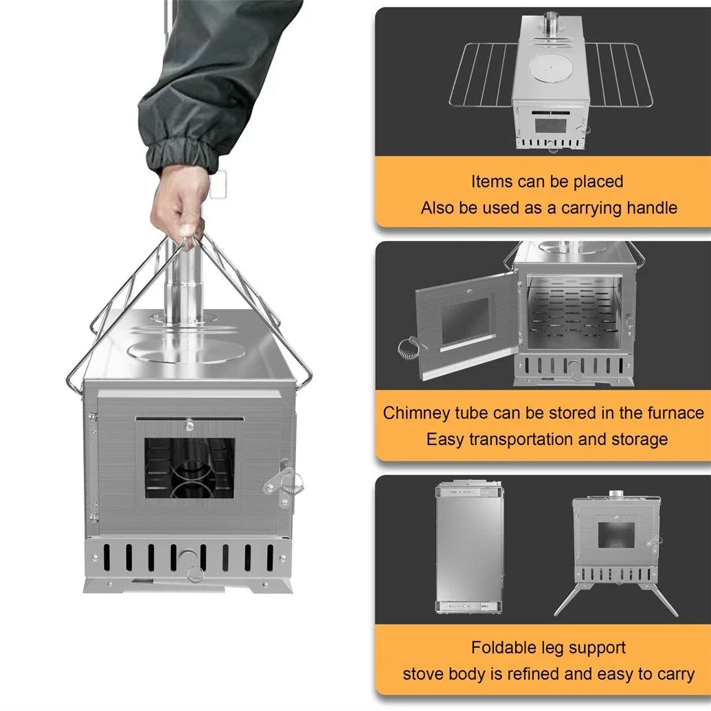 Hot Tent Stove, Portable Wood Burning, w/ 6 Stainless Chimney Pipes for Outdoor Heating & Cooking