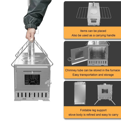 Hot Tent Stove, Portable Wood Burning, w/ 6 Stainless Chimney Pipes for Outdoor Heating & Cooking