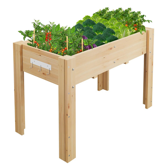 Durable Elevated Wooden Garden Bed w/ Legs & Hooks, Planter Box w/ Liner & Drainage Holes, Vegetables, Flowers & Herbs