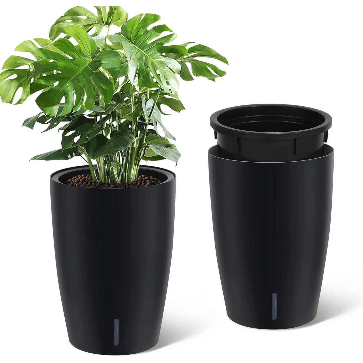 1-Pair,Black Self-Watering Planters – 16" Tall Round Flower Plant Pots, Water Level Gauge