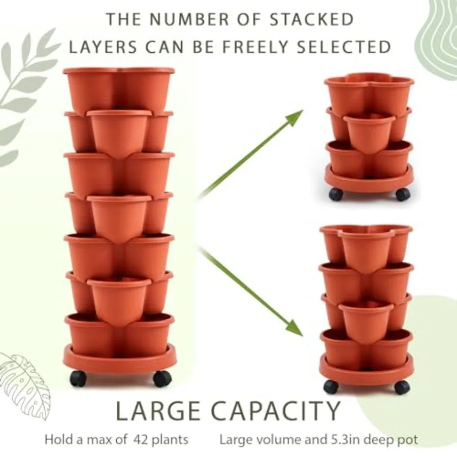 7 Tier Stackable Vertical Planters, Set of 2 w/ Removable Wheels and Clay Pots