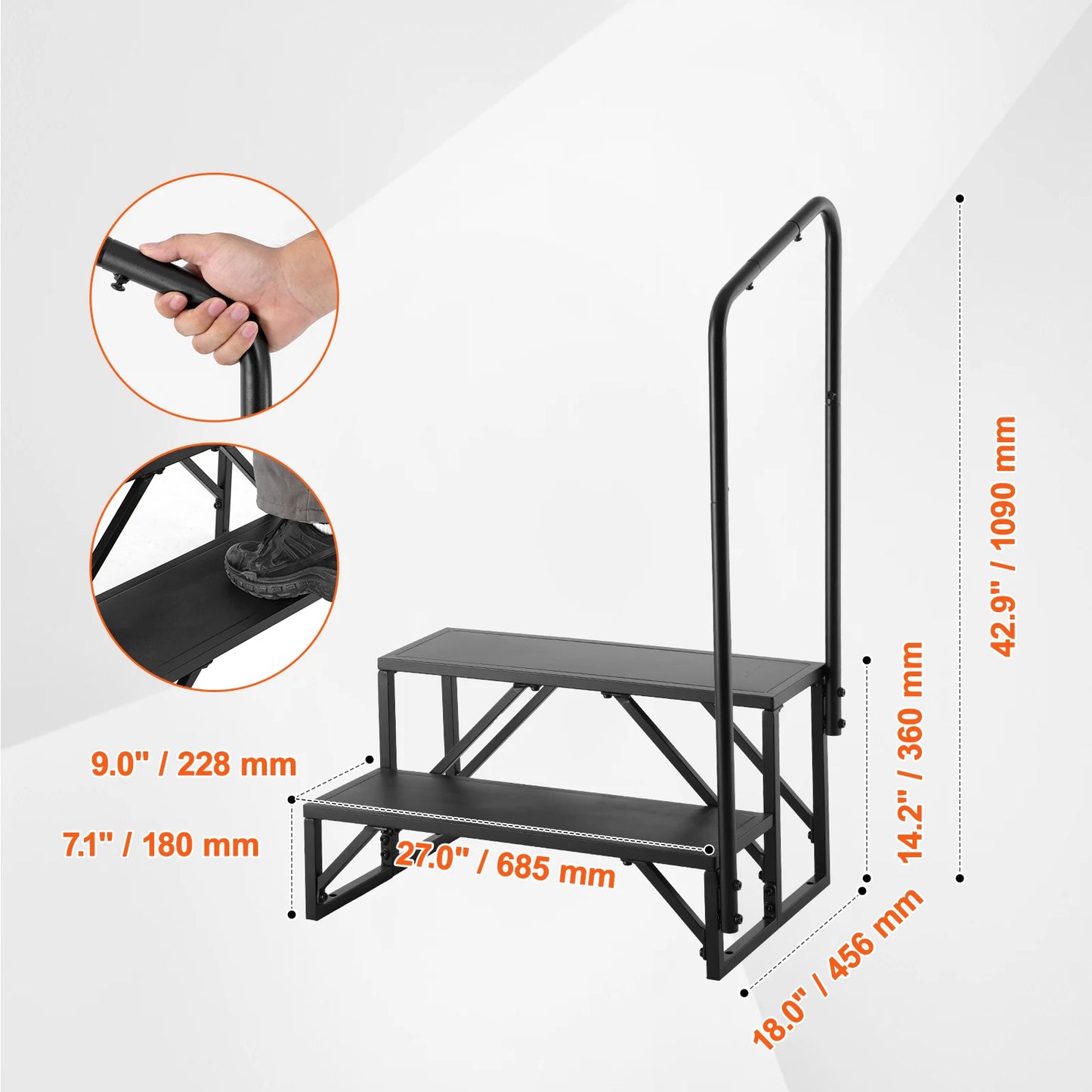 RV Steps, 2,3 or 4-Step Non-Slip Stairs, 440 LBS Load Capacity, Carbon Steel, w/ Handrail