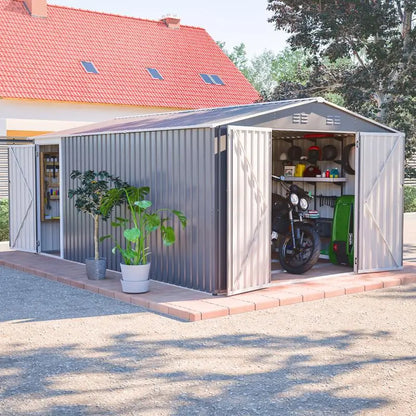 Outdoor Metal Storage Shed, Large 10x14 FT. Garden Tool Shed, 3 Lockable Doors, Waterproof