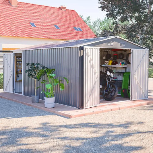 Outdoor Metal Storage Shed, Large 10x14 FT. Garden Tool Shed, 3 Lockable Doors, Waterproof