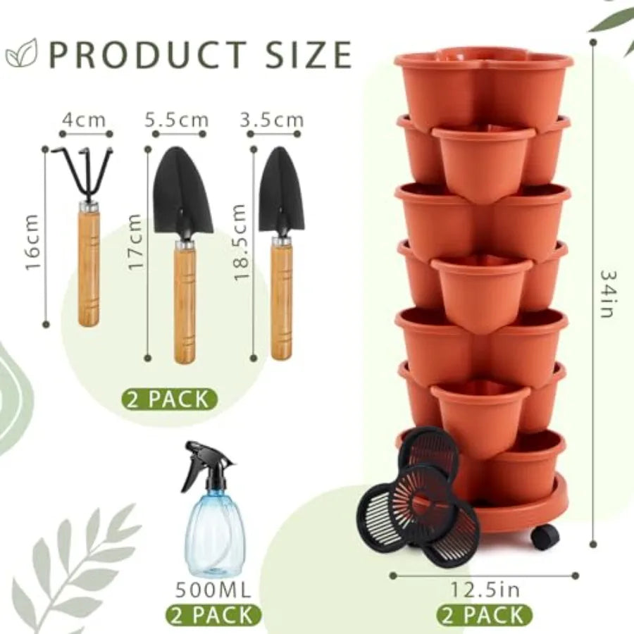 7 Tier Stackable Vertical Planters, Set of 2 w/ Removable Wheels and Clay Pots