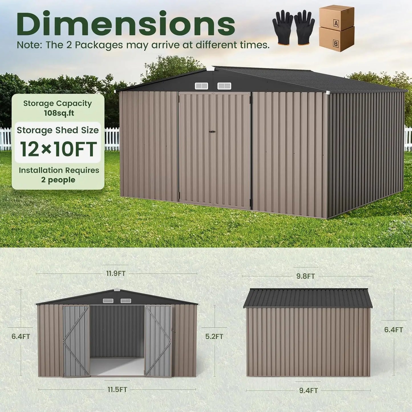 Outdoor Storage Shed, 10x12 FT, Metal, Roof, Customized